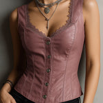Stylish Black Leather Corset Waistcoat With Lace-Trim