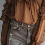 Vintage Boho Mocha Ruffle Chiffon Blouse