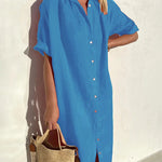 Turn-Down Collar Short Sleeve Single Breasted Loose Shirt Dress Solid Color Summer Beach Dresses