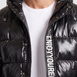 KZZ Men's Letter-Print Color-Block Drawstring Hooded Winter Jacket