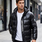 KZZ Men's Letter-Print Color-Block Drawstring Hooded Winter Jacket