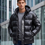 KZZ Men's Letter-Print Color-Block Drawstring Hooded Winter Jacket