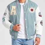 KZZ Men's color-blocked letter and graphic embroidered baseball collar patchwork jacket