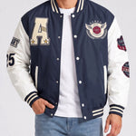KZZ Men's color-blocked letter and graphic embroidered baseball collar patchwork jacket