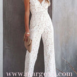 Margovil V Neck Waisted Wide Leg Cami Lace Jumpsuit