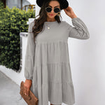 Long Puff Sleeve Shirt Dress Casual Crewneck Loose Fit Sundress Trendy Tiered Layer Summer Mini Dresses