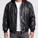 KZZ Men's Faux-Layer Hooded Leather Jacket