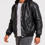 KZZ Men's Faux-Layer Hooded Leather Jacket