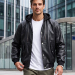 KZZ Men's Faux-Layer Hooded Leather Jacket