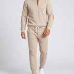 KZZ Men's Heavyweight Textured Patchwork Stand Collar Henry Sweatshirt Set