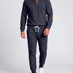 KZZ Men's Heavyweight Textured Patchwork Stand Collar Henry Sweatshirt Set