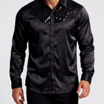 KZZ Men's shiny metallic sequin long-sleeved button shirt
