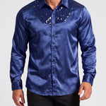 KZZ Men's shiny metallic sequin long-sleeved button shirt