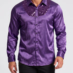 KZZ Men's shiny metallic sequin long-sleeved button shirt