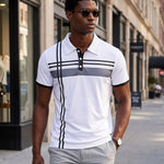 KZZ Men's Striped Print Color-Block Polo Shirt