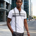 KZZ Men's Striped Print Color-Block Polo Shirt