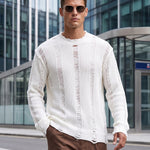 KZZ Men's Long-Sleeve Striped Cut-Out Knit Pullover