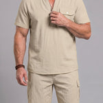 KZZ Men's Casual Short-Sleeve Stand-Collar Shirt and Shorts