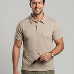 KZZ Men's Solid-Color Cable-Knit Short-Sleeve Polo Shirt