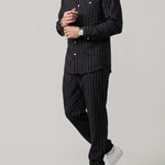 KZZ Men's striped long-sleeve shirt with a stand-up collar and trousers