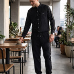 KZZ Men's striped long-sleeve shirt with a stand-up collar and trousers