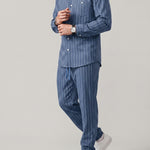 KZZ Men's striped long-sleeve shirt with a stand-up collar and trousers