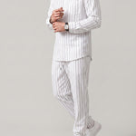 KZZ Men's striped long-sleeve shirt with a stand-up collar and trousers