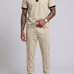 KZZ Color-block sleeve short-sleeve knit polo shirt and drawstring trousers