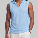 KZZ Men's Summer Sleeveless Vest with Stand Collar and Panel Detailing