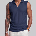 KZZ Men's Summer Sleeveless Vest with Stand Collar and Panel Detailing