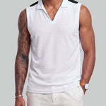 KZZ Men's Summer Sleeveless Vest with Stand Collar and Panel Detailing