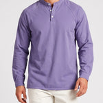 KZZ Men's Retro Washed Three-Button Stand Collar Henley Collar Long-Sleeve Pullover