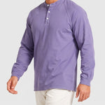 KZZ Men's Retro Washed Three-Button Stand Collar Henley Collar Long-Sleeve Pullover
