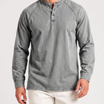 KZZ Men's Retro Washed Three-Button Stand Collar Henley Collar Long-Sleeve Pullover