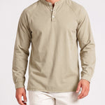 KZZ Men's Retro Washed Three-Button Stand Collar Henley Collar Long-Sleeve Pullover