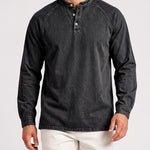 KZZ Men's Retro Washed Three-Button Stand Collar Henley Collar Long-Sleeve Pullover