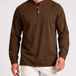 KZZ Men's Retro Washed Three-Button Stand Collar Henley Collar Long-Sleeve Pullover