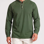 KZZ Men's Retro Washed Three-Button Stand Collar Henley Collar Long-Sleeve Pullover