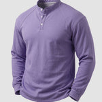 KZZ Men's Retro Washed Three-Button Stand Collar Henley Collar Long-Sleeve Pullover