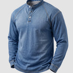 KZZ Men's Retro Washed Three-Button Stand Collar Henley Collar Long-Sleeve Pullover