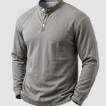 KZZ Men's Retro Washed Three-Button Stand Collar Henley Collar Long-Sleeve Pullover
