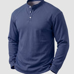 KZZ Men's Retro Washed Three-Button Stand Collar Henley Collar Long-Sleeve Pullover