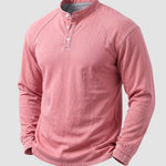 KZZ Men's Retro Washed Three-Button Stand Collar Henley Collar Long-Sleeve Pullover