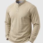 KZZ Men's Retro Washed Three-Button Stand Collar Henley Collar Long-Sleeve Pullover