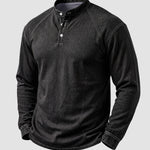 KZZ Men's Retro Washed Three-Button Stand Collar Henley Collar Long-Sleeve Pullover