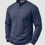 KZZ Men's Retro Washed Three-Button Stand Collar Henley Collar Long-Sleeve Pullover