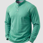 KZZ Men's Retro Washed Three-Button Stand Collar Henley Collar Long-Sleeve Pullover