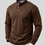 KZZ Men's Retro Washed Three-Button Stand Collar Henley Collar Long-Sleeve Pullover