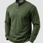 KZZ Men's Retro Washed Three-Button Stand Collar Henley Collar Long-Sleeve Pullover