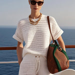 Casual Fashionable Holiday Style Hollow Knitted White Short-Sleeved Shorts Suit